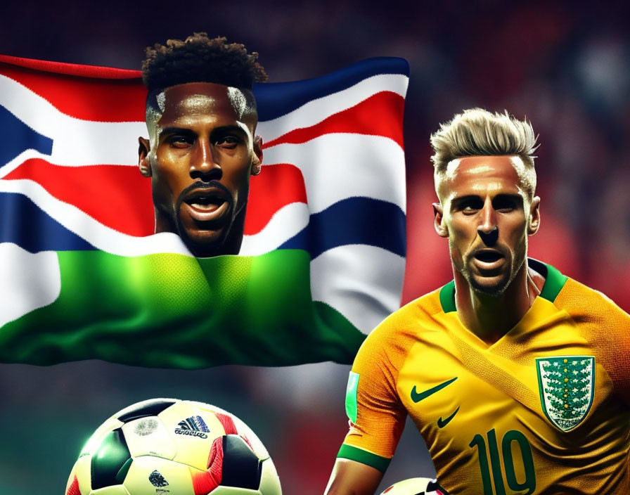 Stylized soccer players with soccer ball in front of national flags