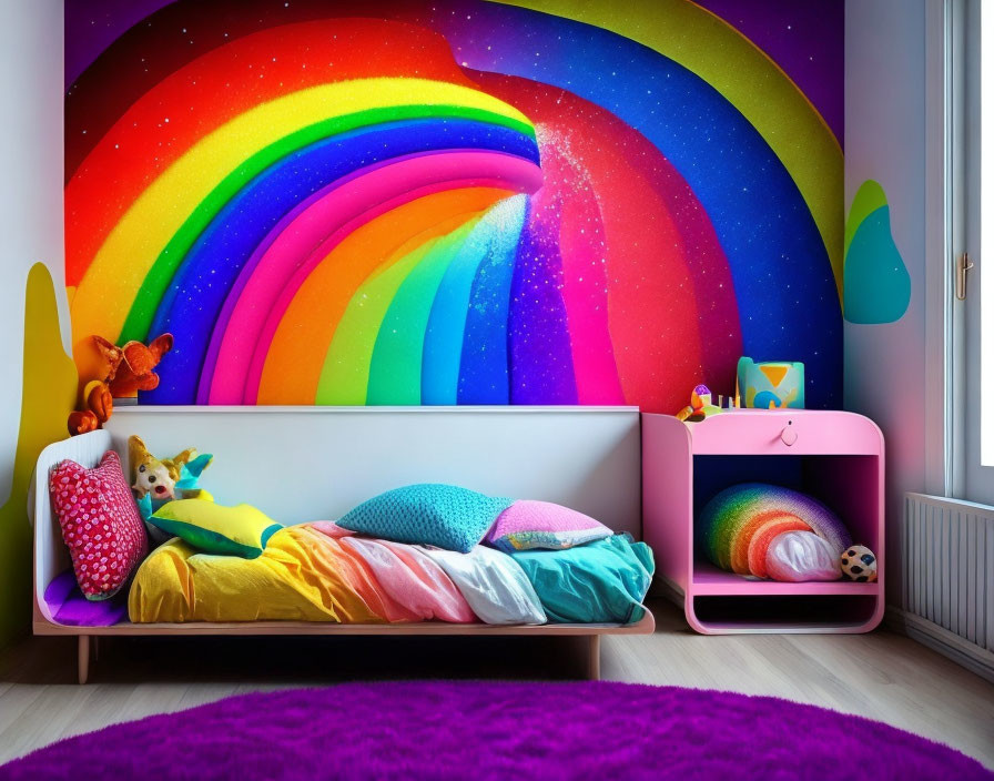 Colorful Children's Room with Rainbow Mural & Toys