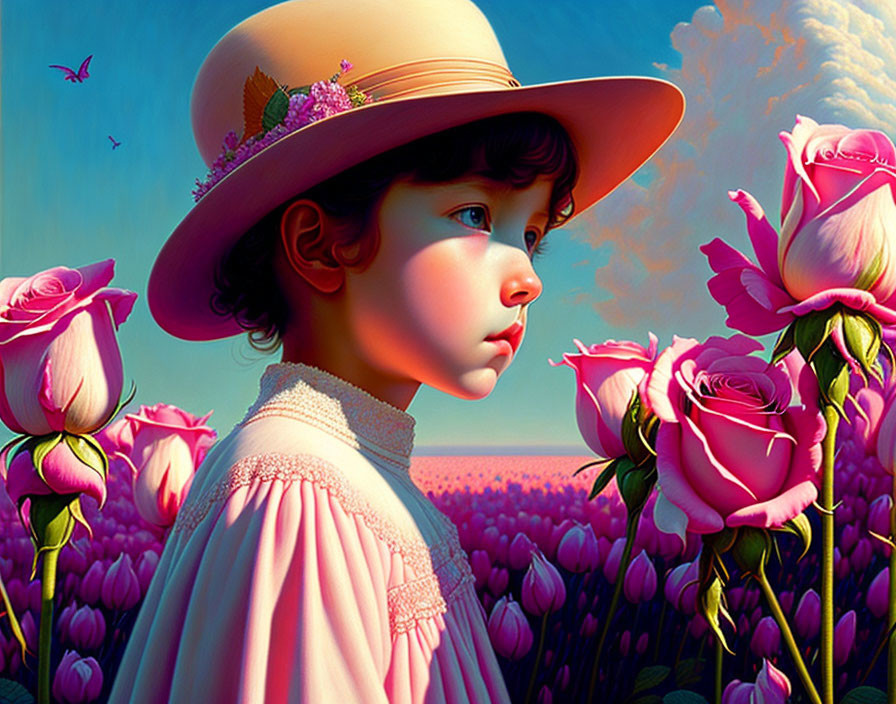 Child in hat surrounded by oversized pink roses under blue sky