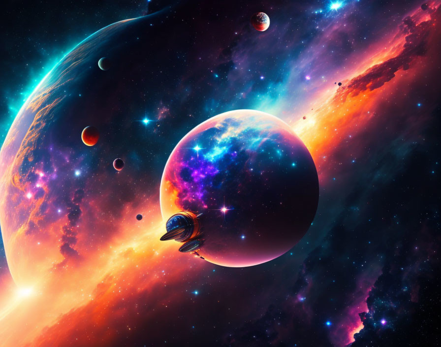 Colorful cosmic scene with planets, nebula, and galaxy stars