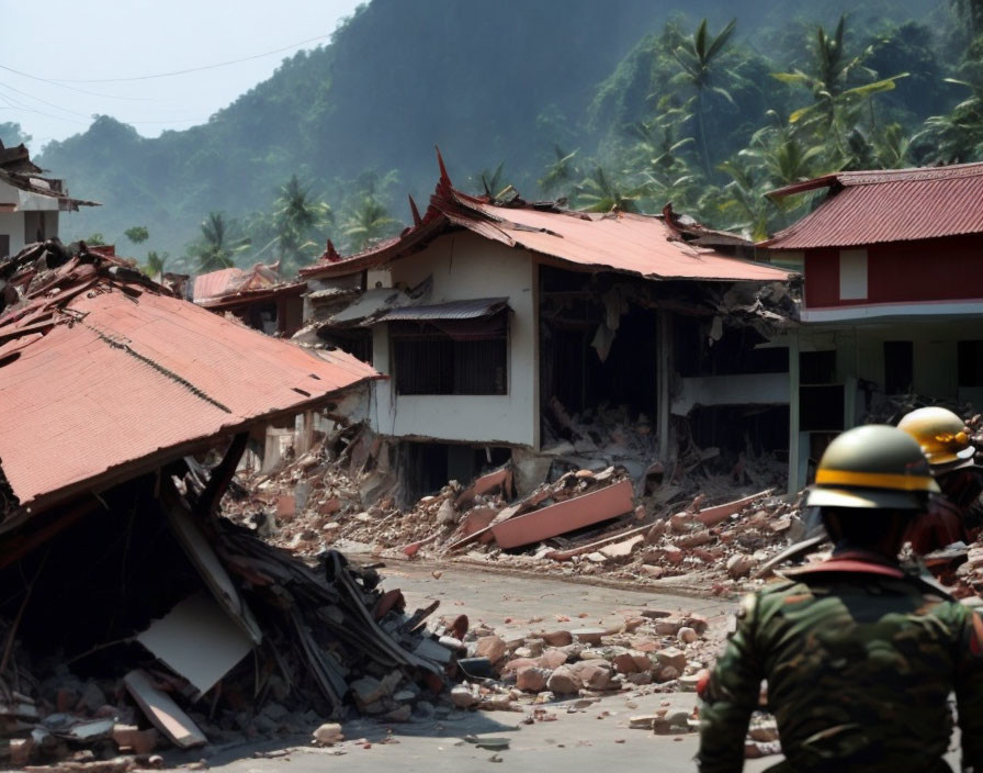 Rescuers in helmets survey collapsed buildings amid rubble and debris.