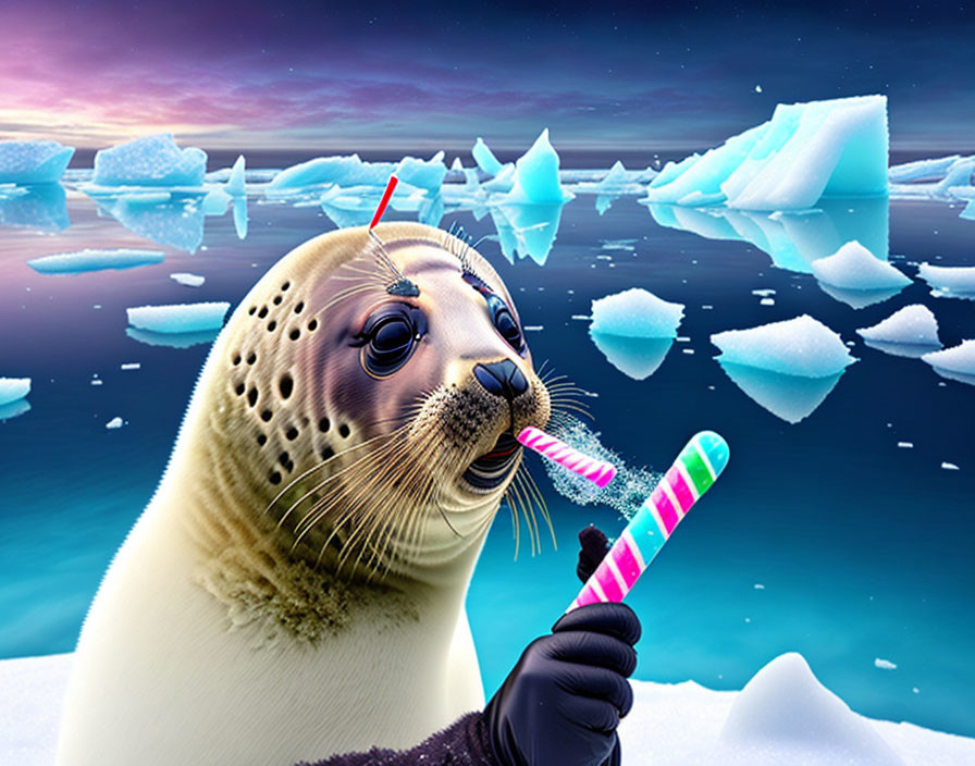 Seal with expressive eyes holding toothbrush and toothpaste in arctic setting