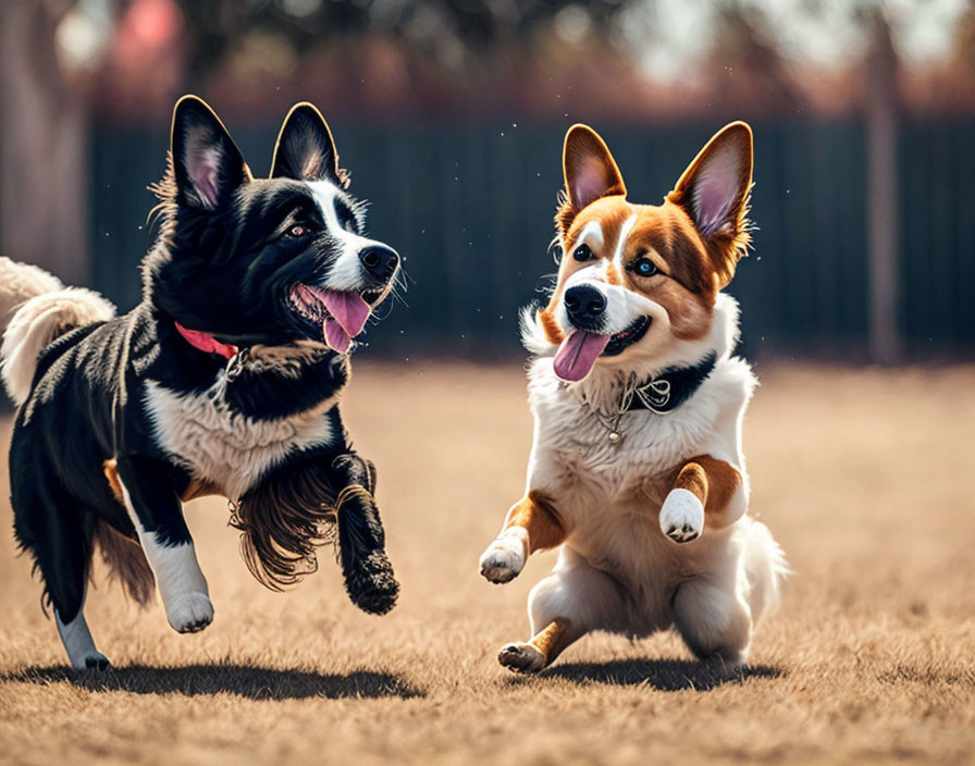 Two joyful dogs running side by side, one black and white, the other brown and white
