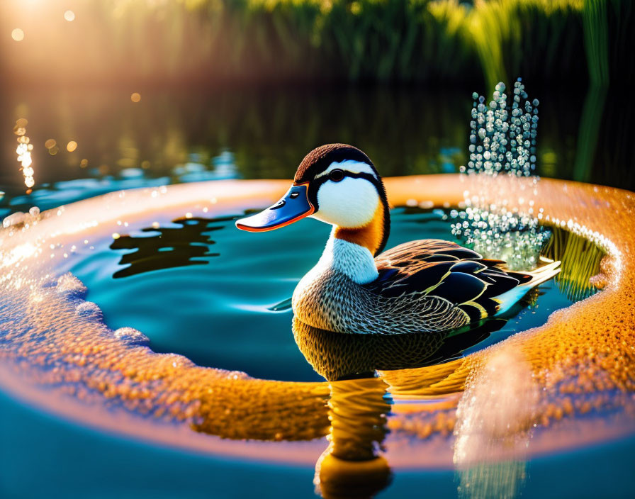 Vibrant duck swimming in serene pond with sunlight and greenery