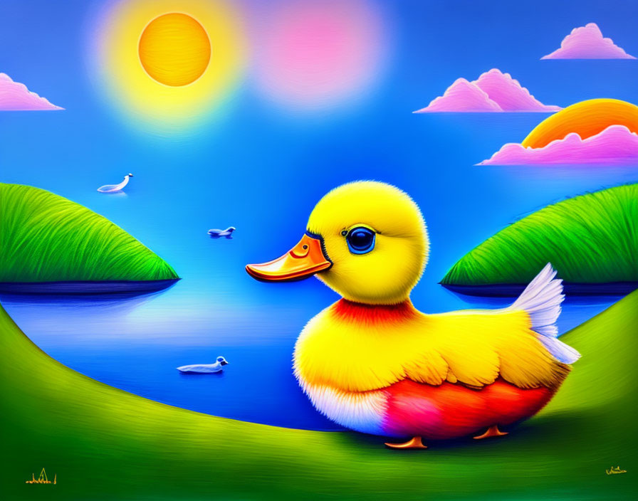 Vibrant landscape with oversized yellow duckling and colorful scenery