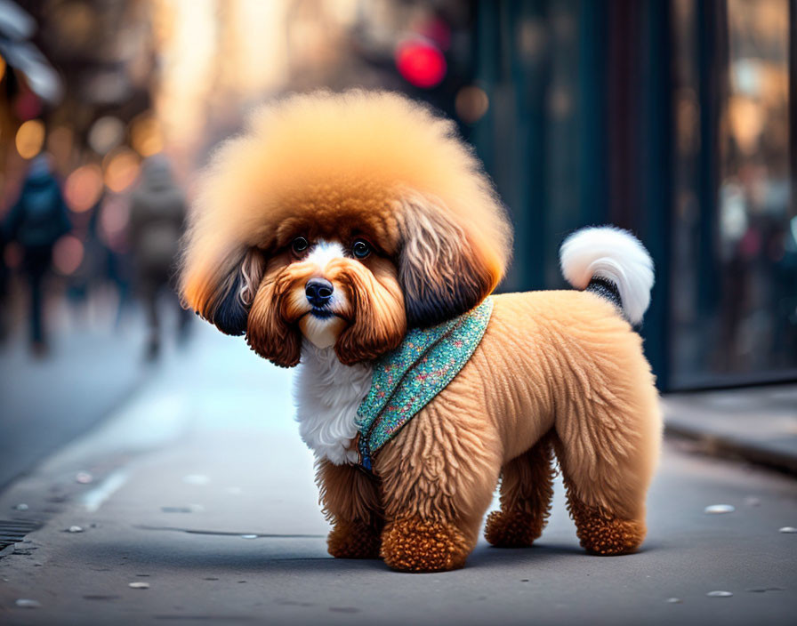 Fluffy Toy Poodle with Bandana on City Sidewalk