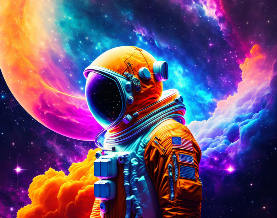 Colorful Astronaut Artwork in Space with Moon and Nebula Clouds