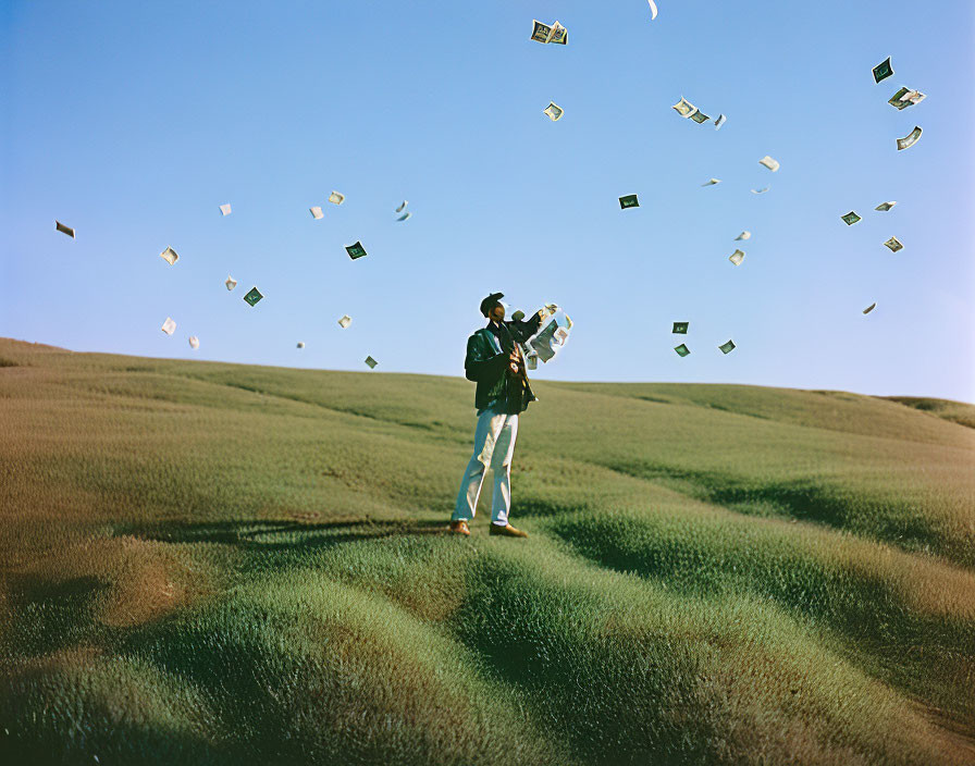 Person playing trumpet in grassy field with floating sheet music under blue sky