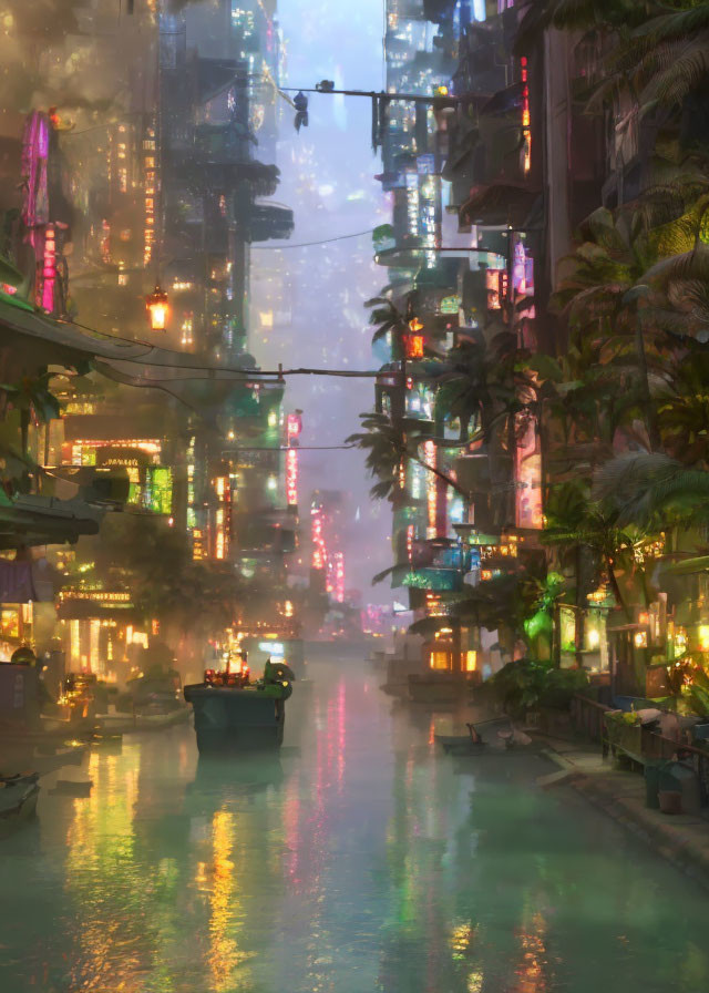 Futuristic twilight cityscape with neon signs, canal boat, and lush greenery