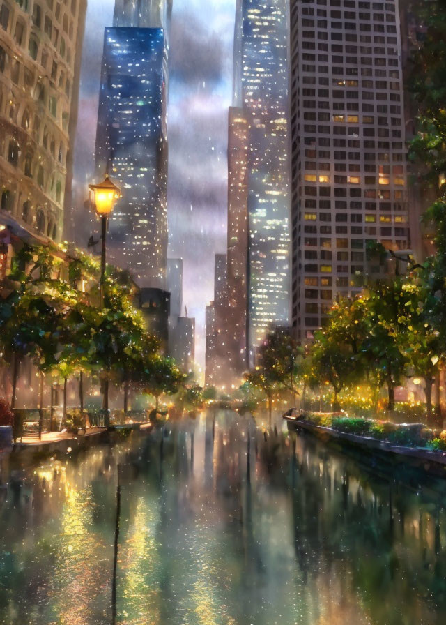 Urban scene with skyscrapers, canal, and vintage street lamp at twilight