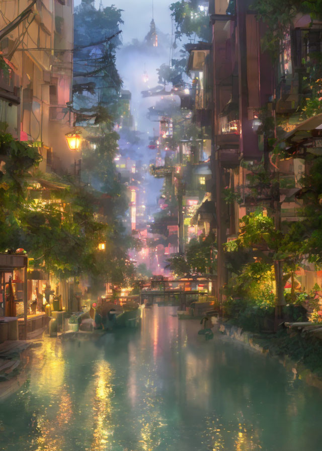 Misty urban canal with neon-lit high-rises and greenery