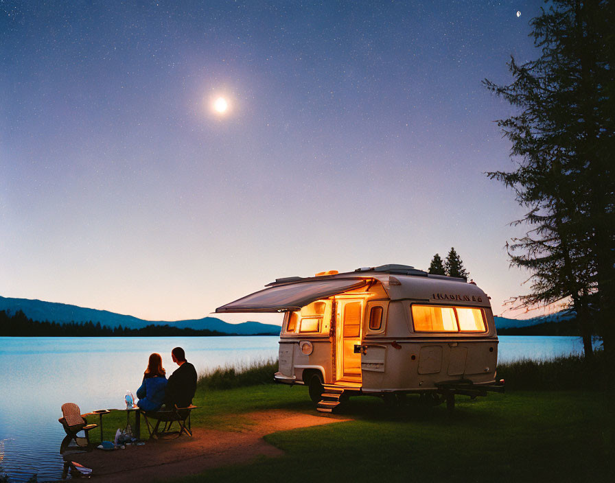 Couple by Lake with Lit RV Under Night Sky