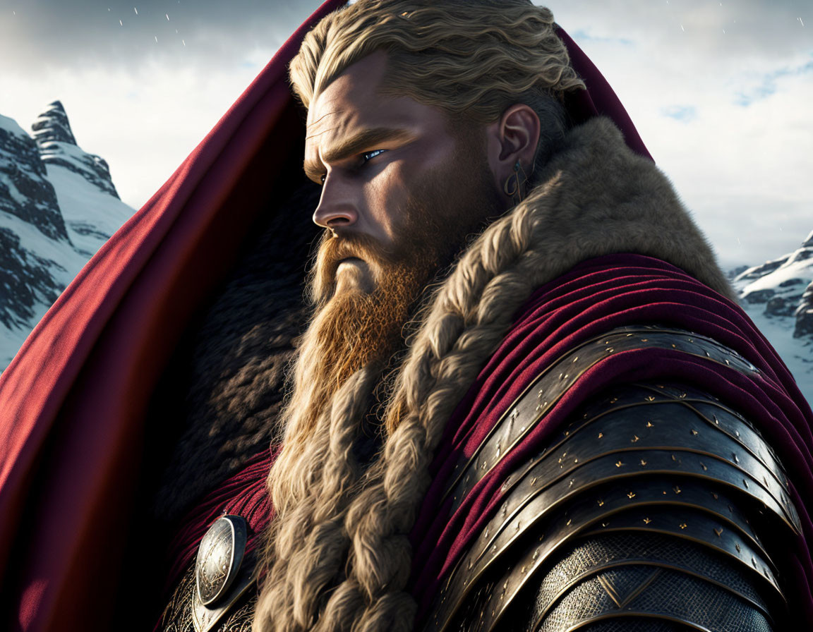 Bearded warrior in red cloak and fur-trimmed armor against snowy mountains