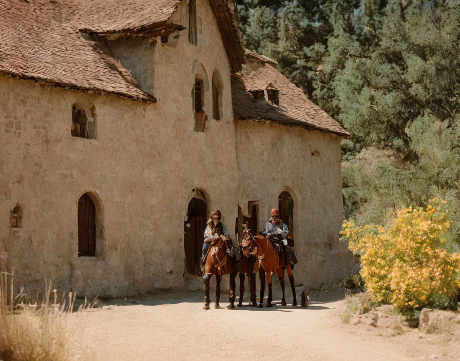 Medieval-themed painting of two horseback riders by a vintage church