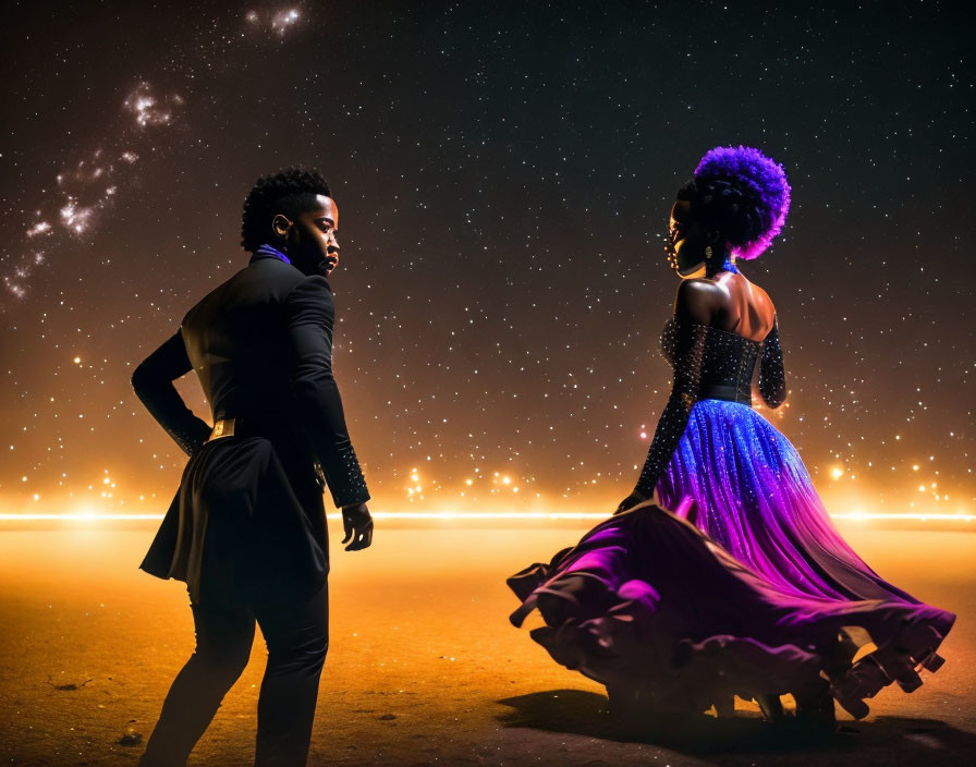 Elegant couple under starry sky in romantic gaze