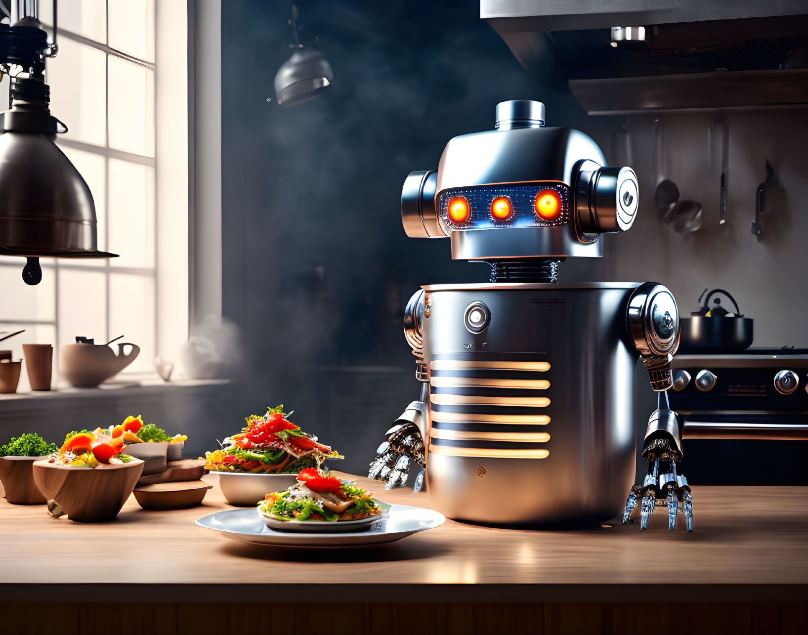 Chrome-Finish Robot Making Sandwiches in Modern Kitchen