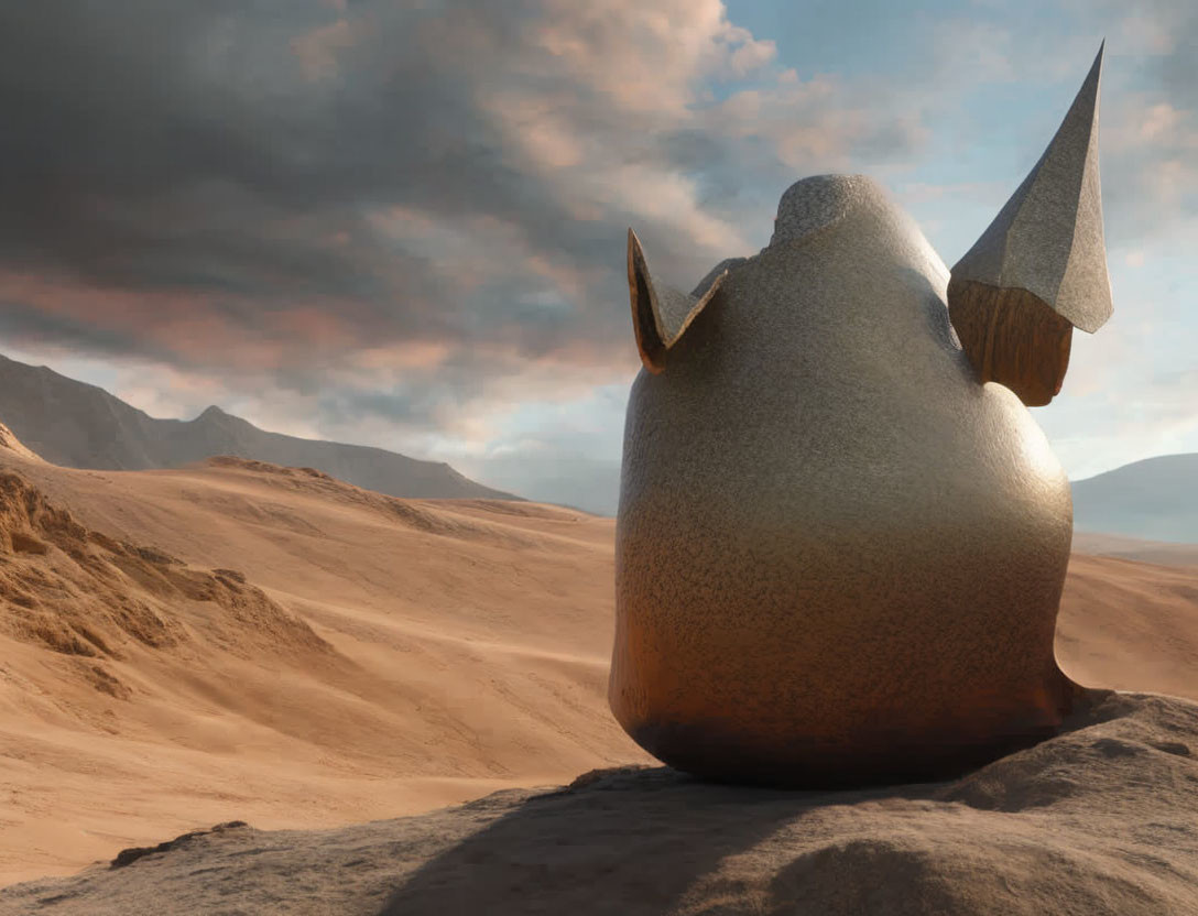 Abstract sculpture with triangular ears and horn-like protrusions in sandy desert landscape