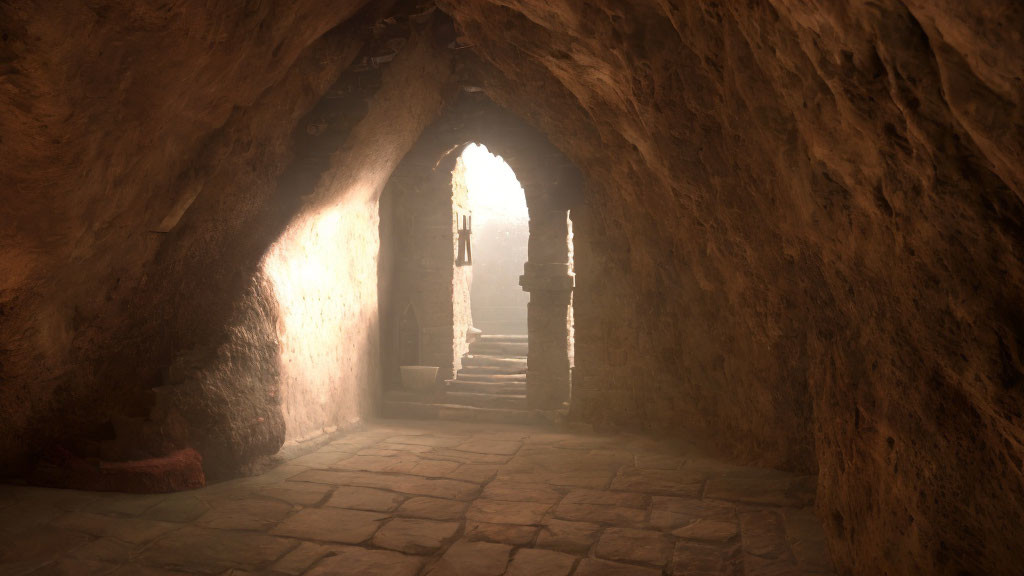 Ancient stone archway in underground cave with sunlit staircase