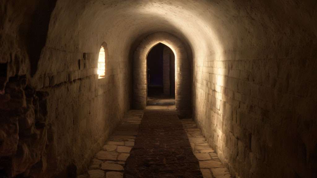 Medieval stone tunnel with arched ceilings and bright doorway