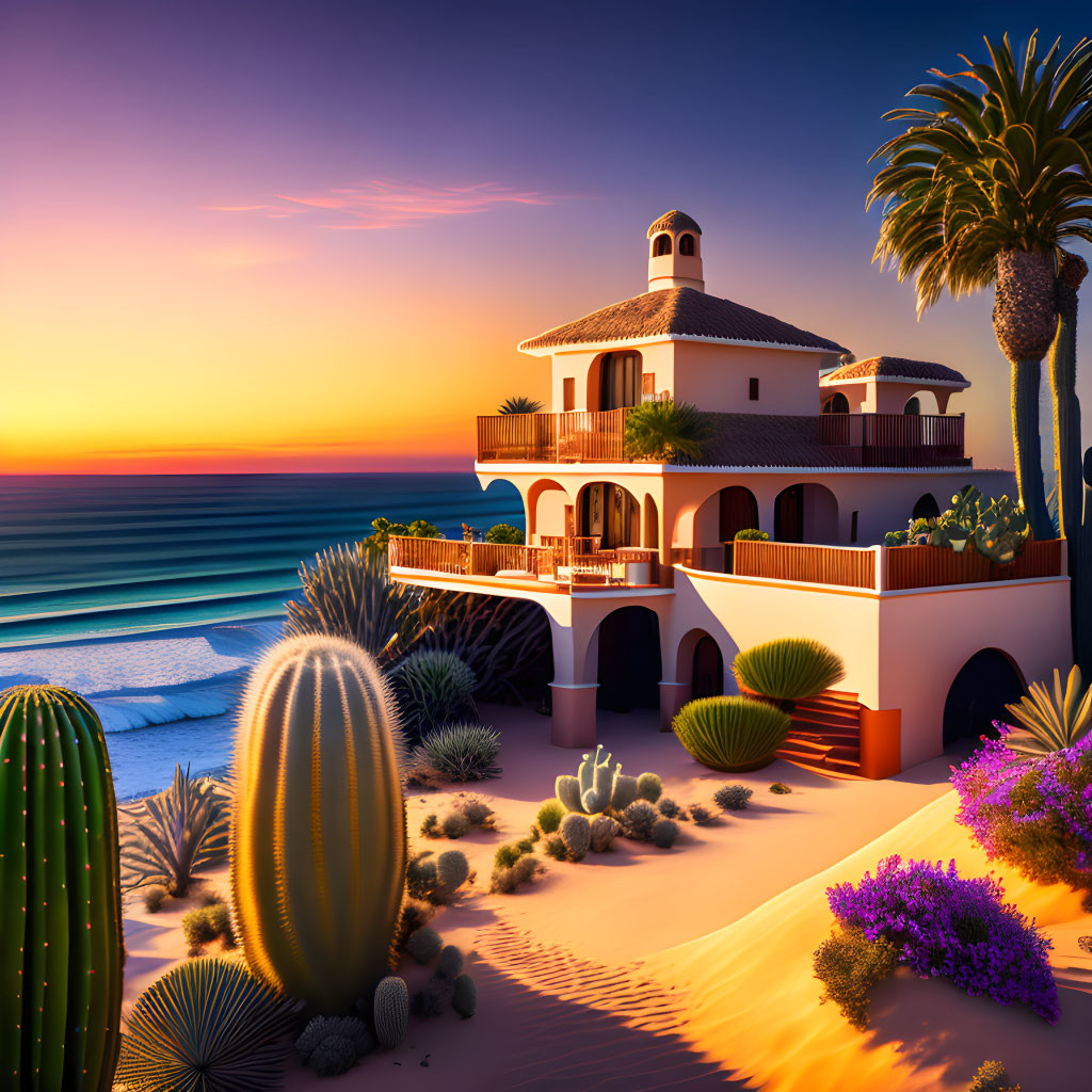 Scenic beachfront villa with cacti and palm trees at sunset