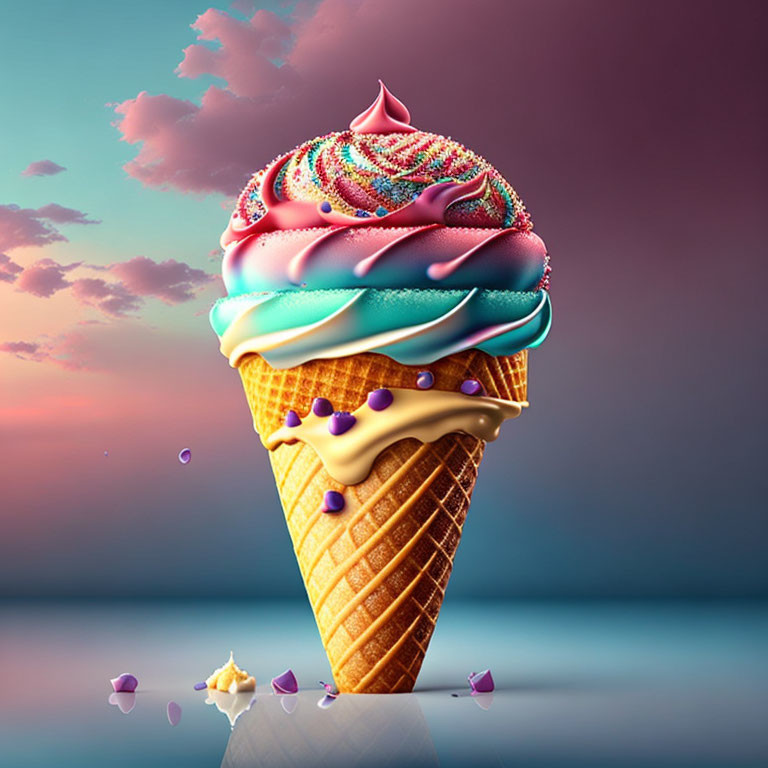 Vibrant soft serve ice cream in waffle cone under sunset sky