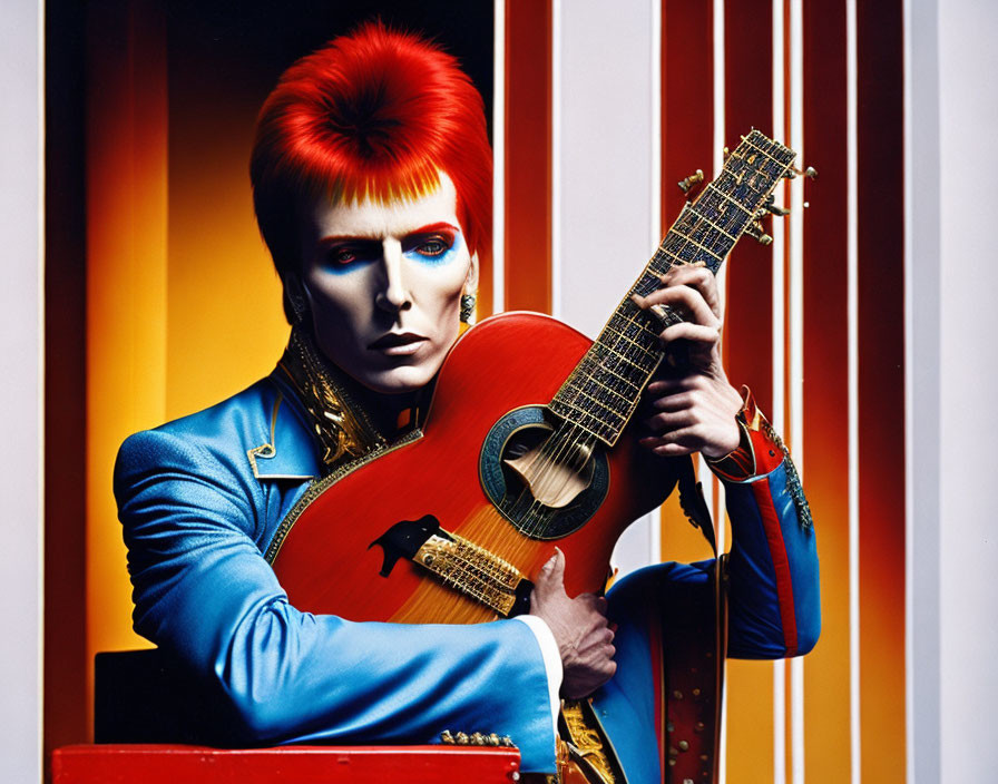 Person with red hair in blue suit playing guitar in red and yellow booth