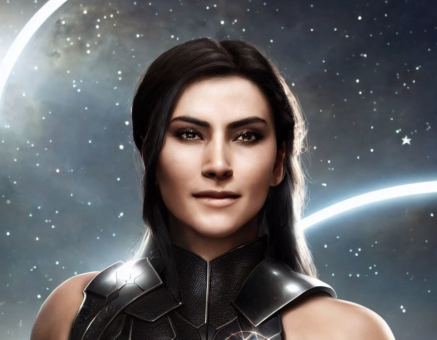 Futuristic digital art: Woman in armor with long hair in cosmic setting