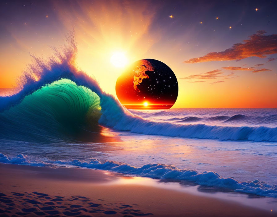 Surreal beach scene with vibrant blue wave and celestial sunset sky