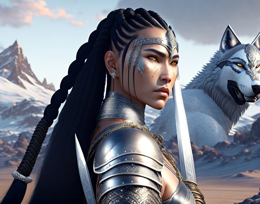 Warrior woman with braided hair and face paint next to white wolf in snowy mountain landscape