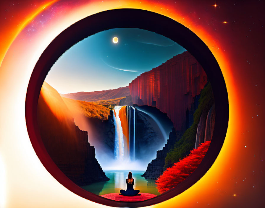 Person meditating on rug in circular portal with waterfall and starry sky