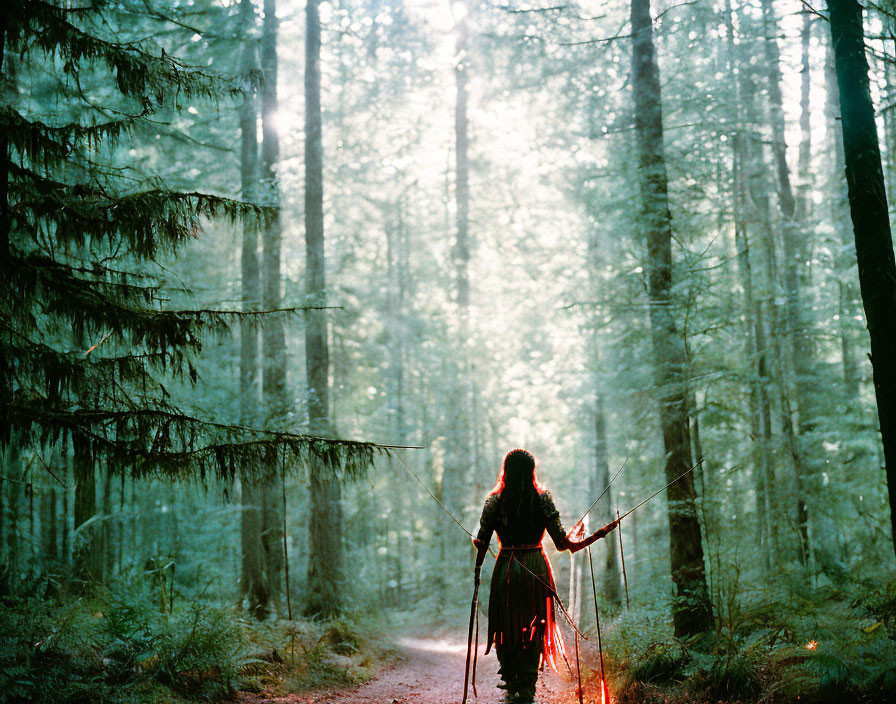 Person standing in sunlit forest with staff, back turned to viewer