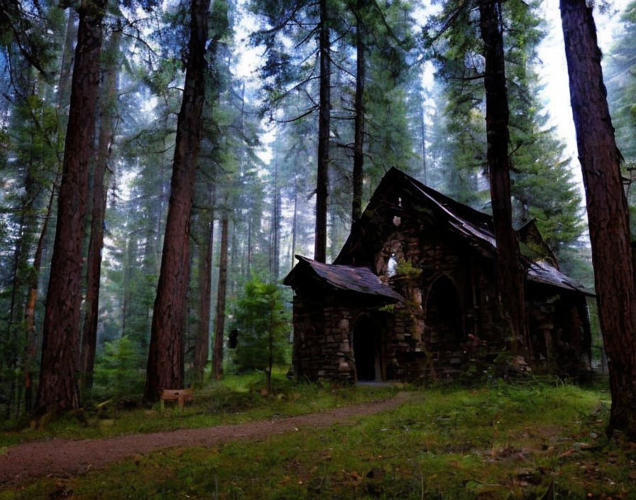 Stone chapel surrounded by misty pines evokes serene mystery