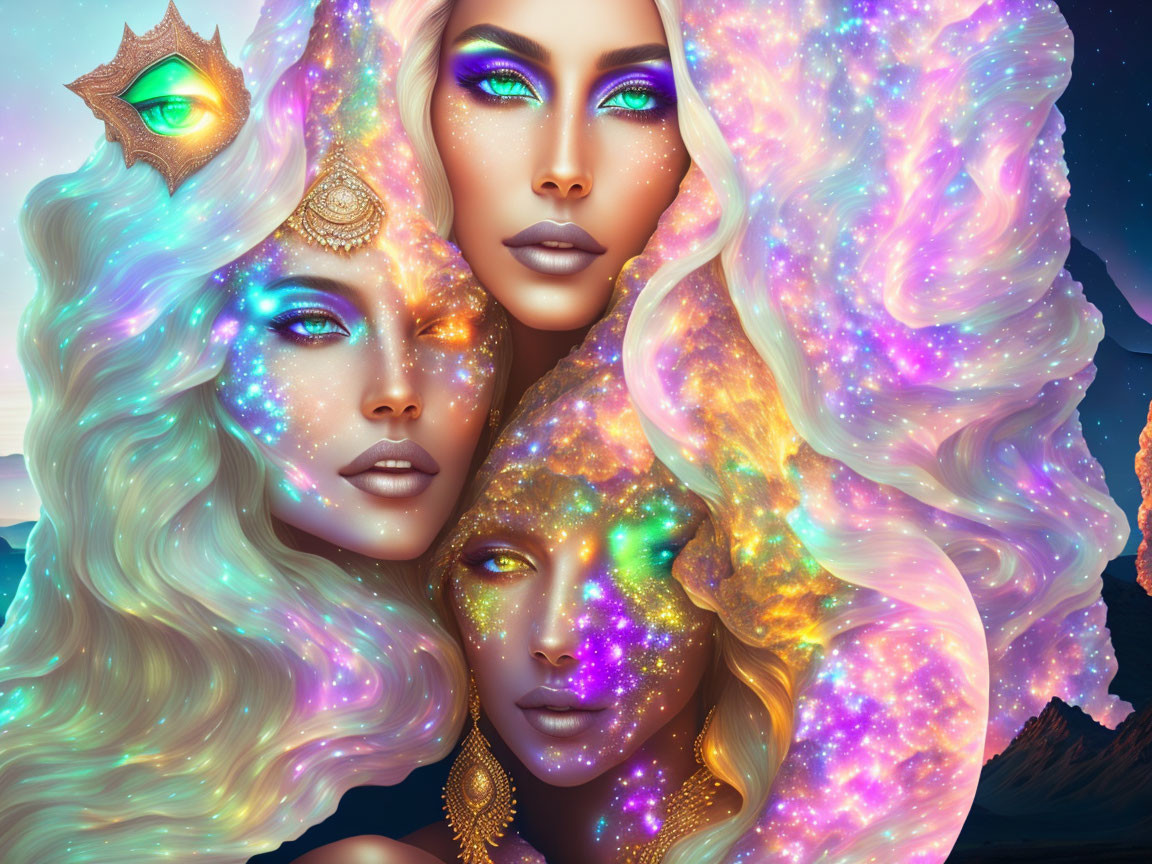 Three women with galaxy-themed makeup and hair in mystical fantasy artwork