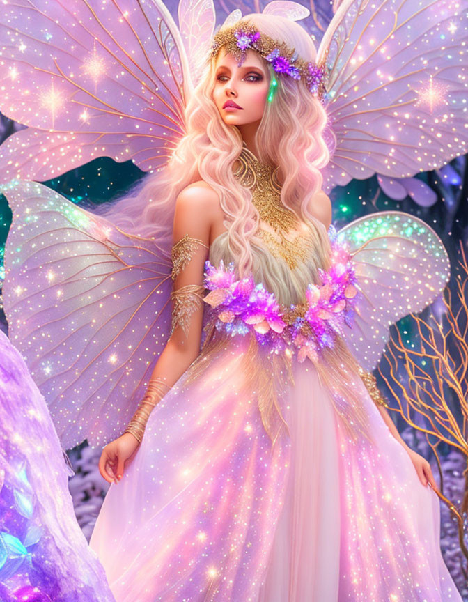 Ethereal female figure with butterfly wings in enchanted forest