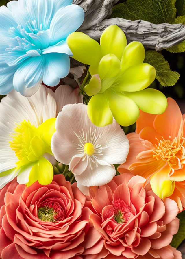 Colorful Mixed Flower Bouquet with Blue, Yellow, White, Orange, and Pink Hues