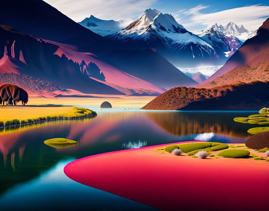 Vibrant surreal landscape with red river, greenery, mountains, elephant silhouette