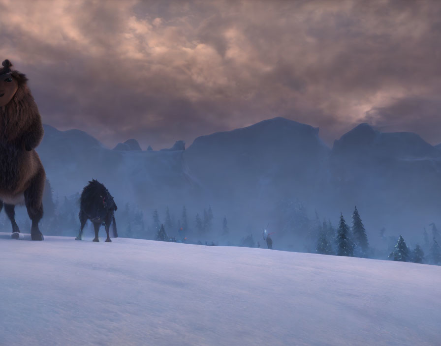 Animated bears in snowy landscape under purple dusk skies