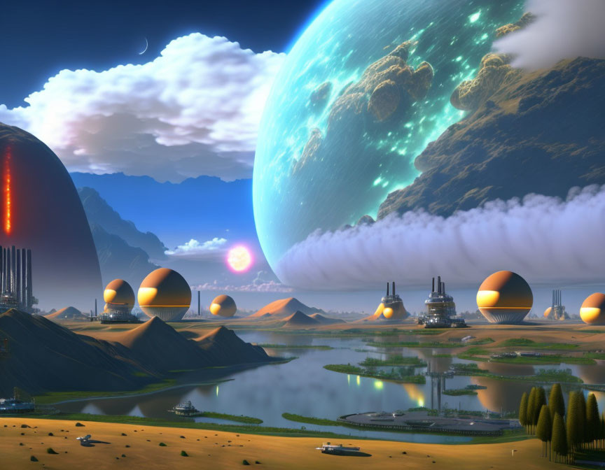 Futuristic industrial landscape with river, celestial body, sandy dunes, and twilight sky