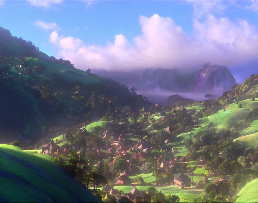 Scenic valley with green hills, houses, and distant waterfall at dawn