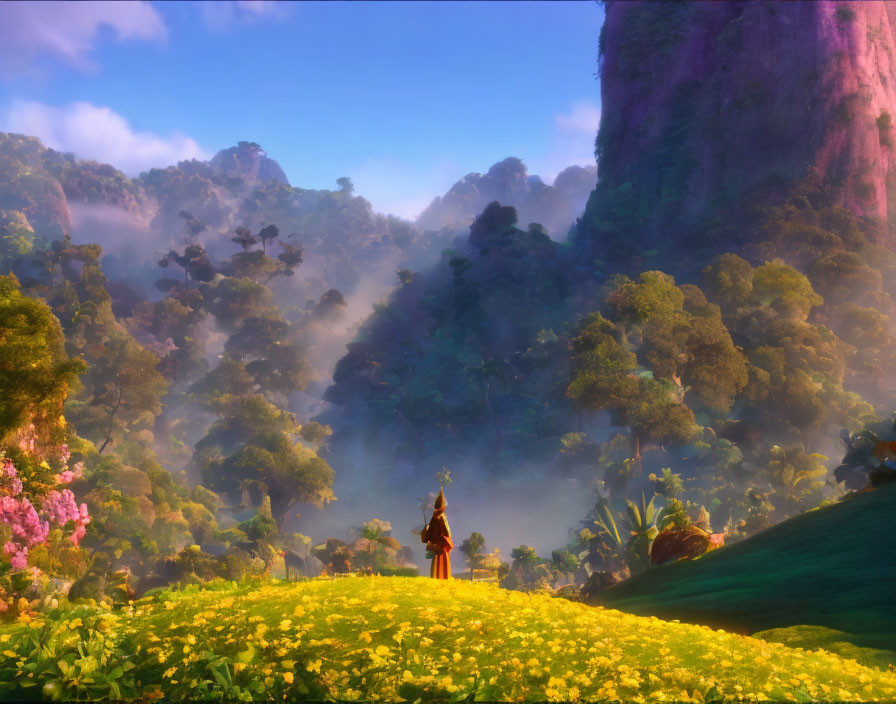 Figure on flower-covered hill overlooking misty forest with rock formation