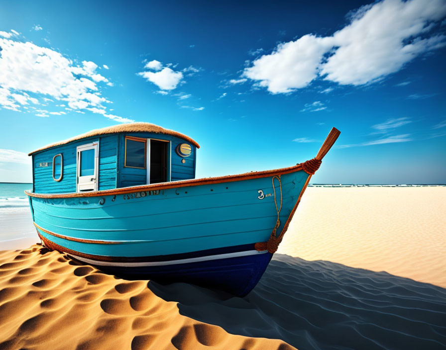 Blue and White Boat with Cabin on Sandy Beach and Clear Blue Sky