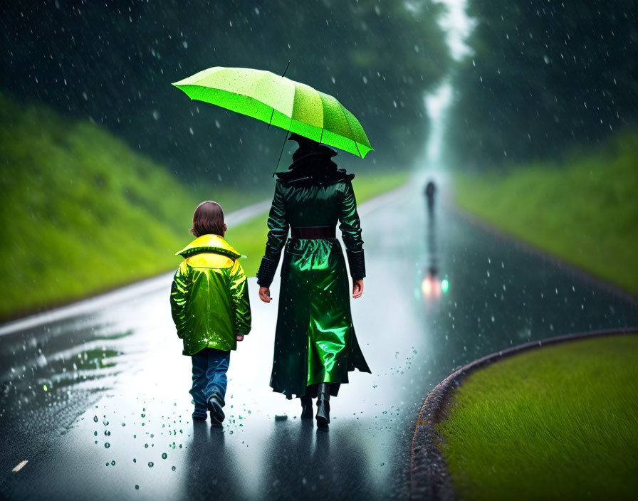 Person in Green Trench Coat Walking with Child in Yellow Raincoat Holding Green Umbrella in Rain