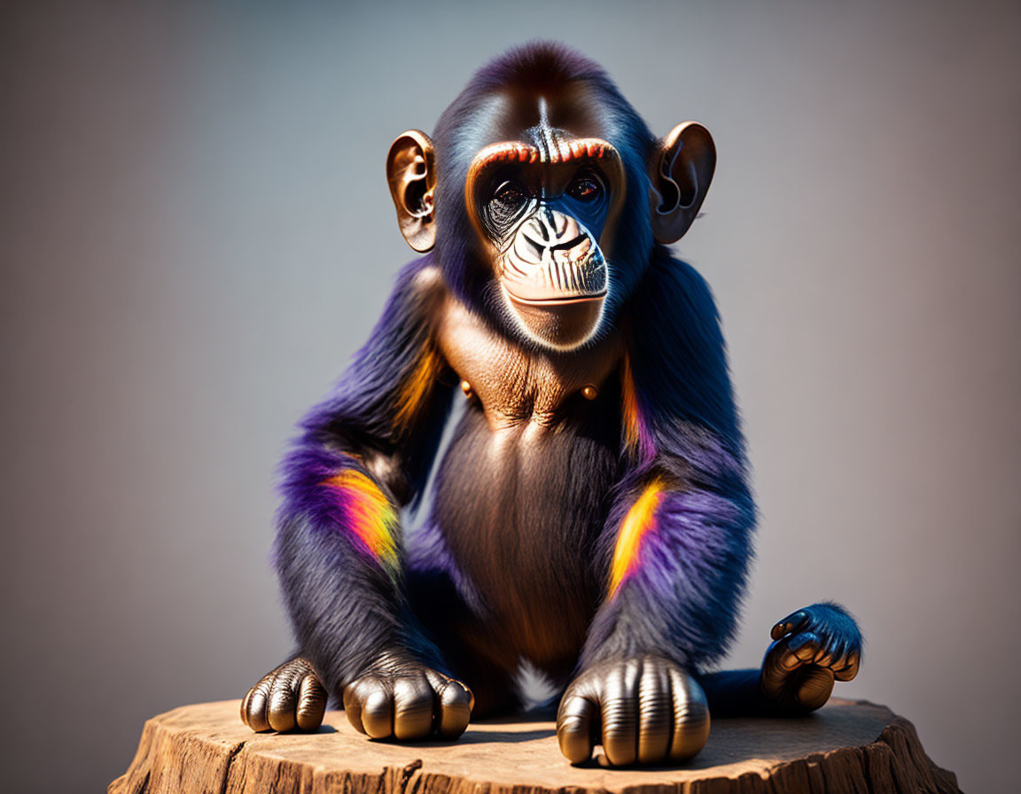 Colorful chimpanzee with tribal face paint on wooden stump in 3D art