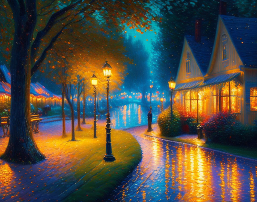 Colorful night street painting with glowing windows and lone figure