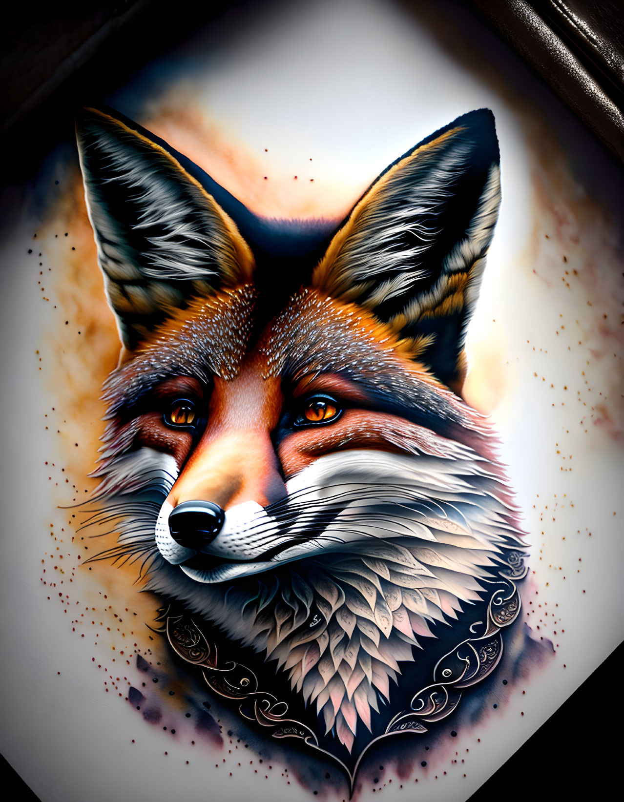 Vibrant fox head illustration with intricate details and bright orange eyes