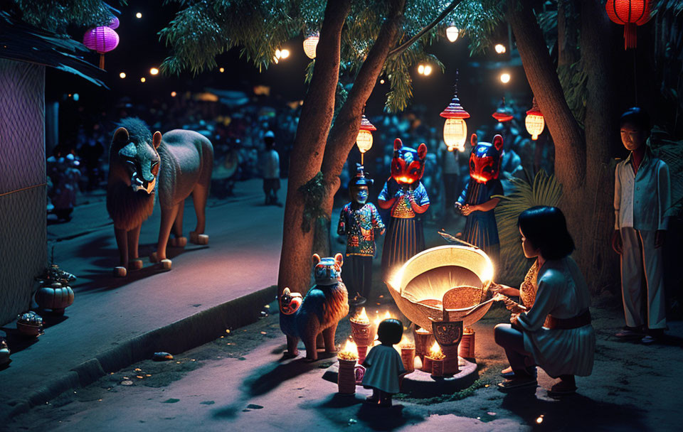 Vibrant evening street scene with lanterns, masked people, child, and elephant statue