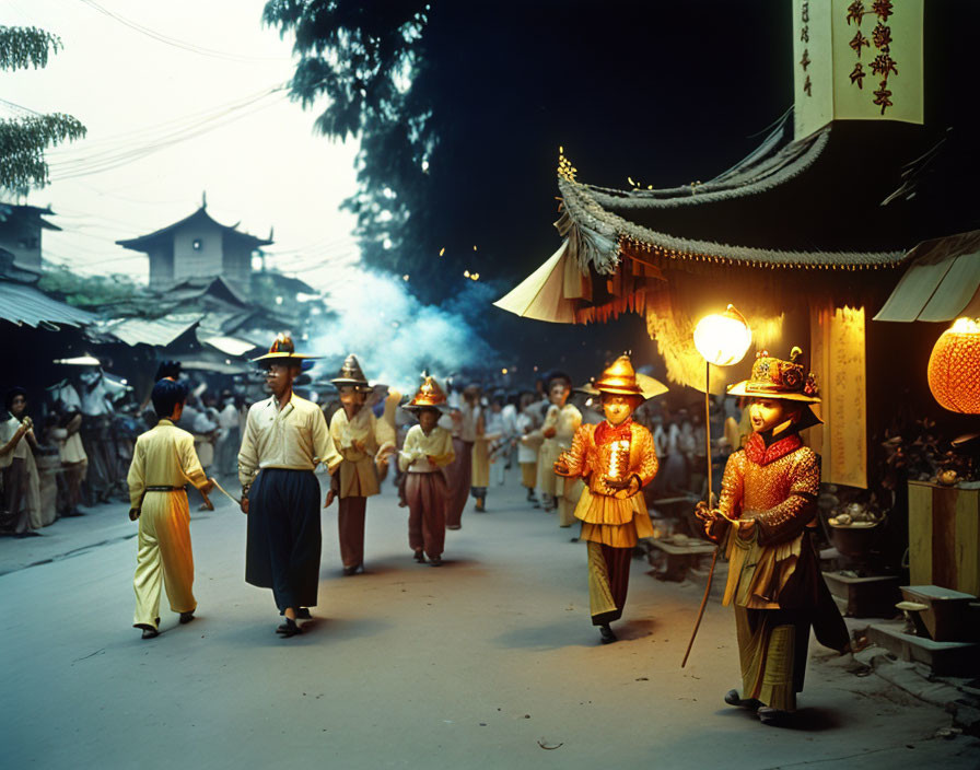 Historic Costumed People with Lanterns in Smoke-Filled Festival Scene