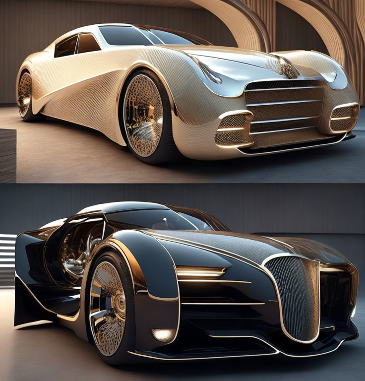 Futuristic luxury concept cars in white and black with sleek designs