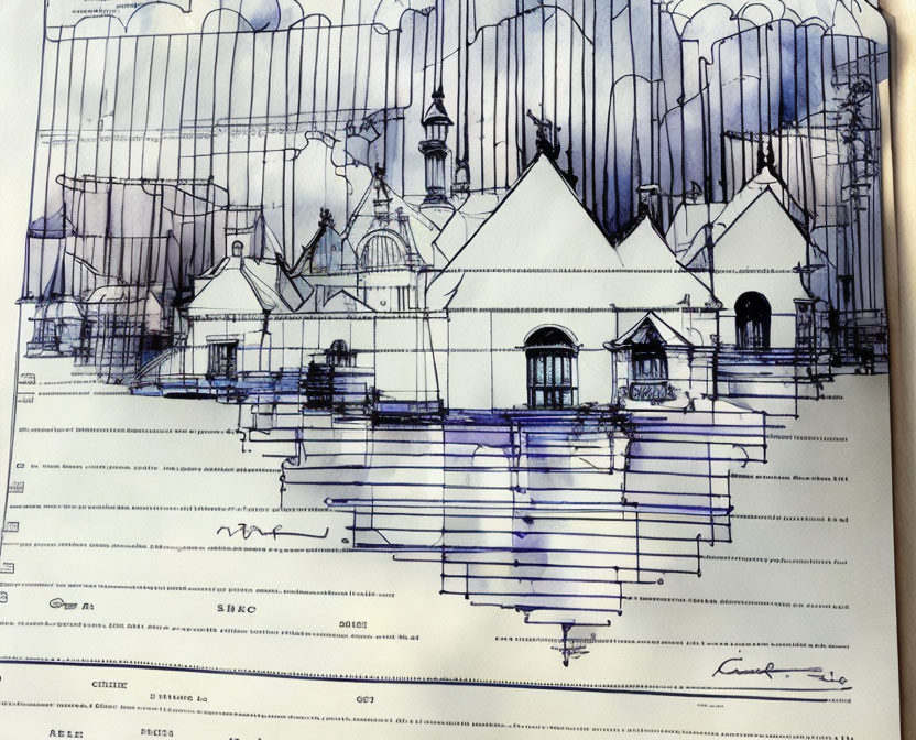 Architectural blueprint sketch of a town with ink streaks and drips