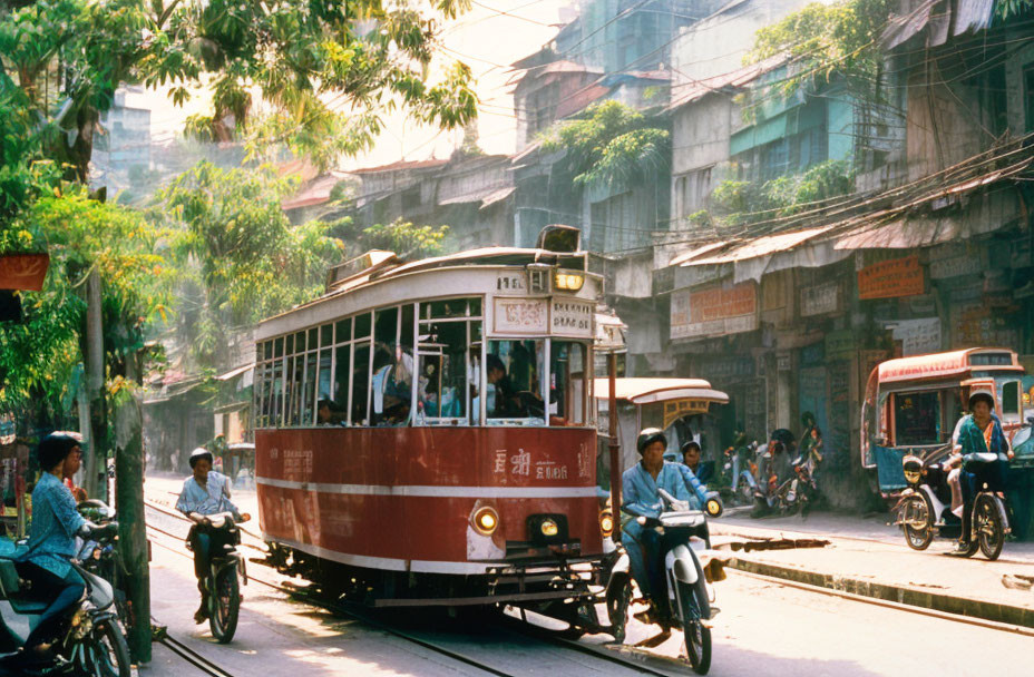 Vintage Tram, Motorbikes, and Cyclists in Busy Street Scene